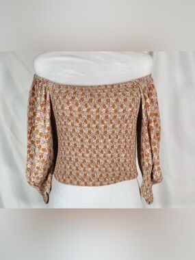 Bluesteel Off Shoulder Earth Color Smocked Crop Top With Puffy Sleeves Size L